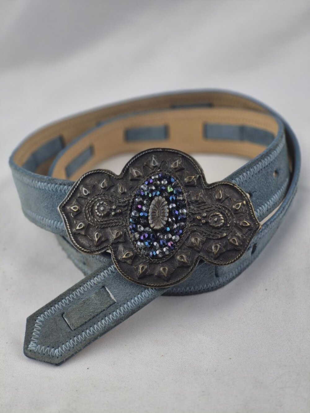 Streets Ahead Light Blue Suede Belt Large Ornate Beaded Boho Bling Buckle  M